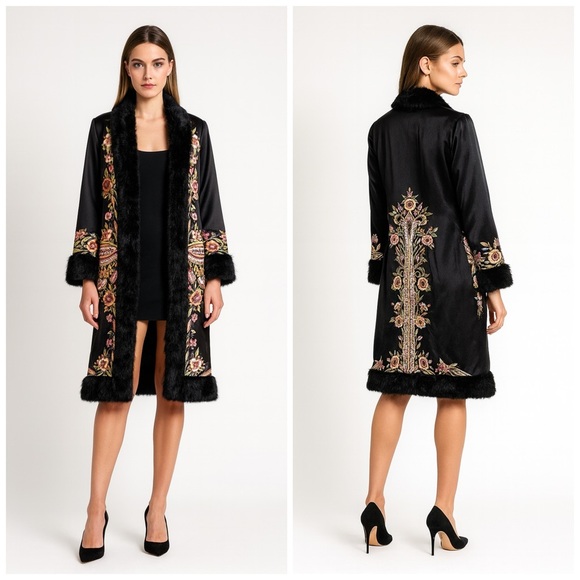 Sue Wong Jackets & Blazers - Sue Wong Vintage Embroidered Silk Duster Coat Faux Fur Floral Size 2